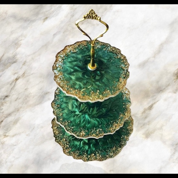 3 tier cake stand Green With Gold Flakes and Gold Vintage...